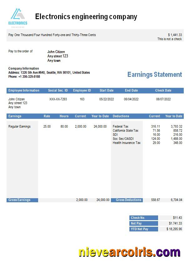 Electronics engineering company earning statement